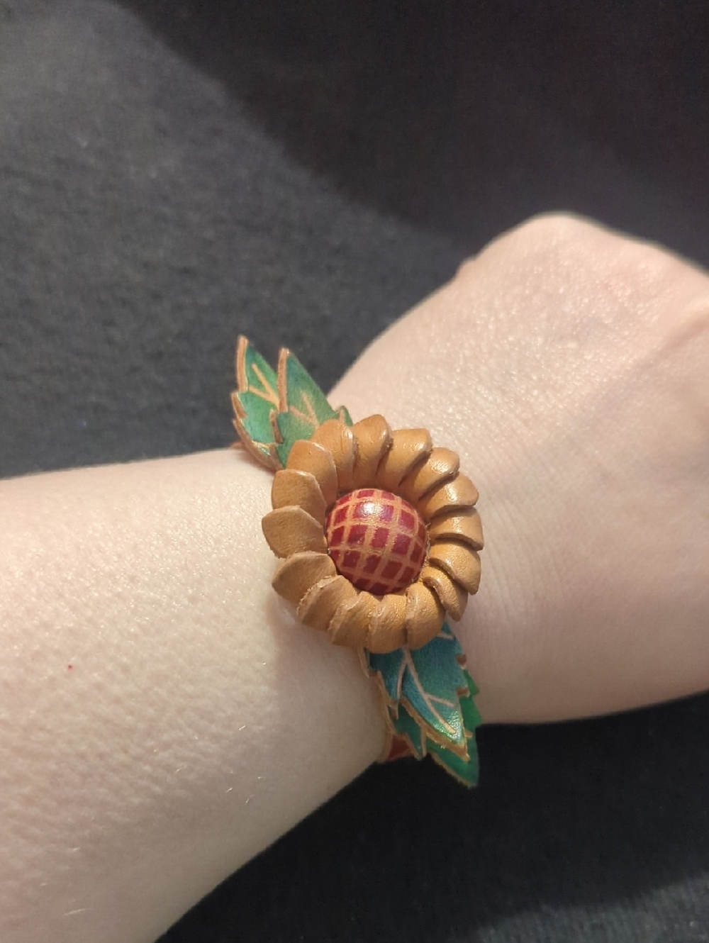 Handcrafted Tan Green Red Sunflower Leather Snap Statement Bracelet